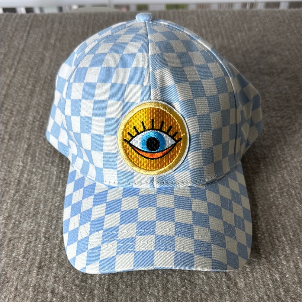 Blue & White Checkered Adjustable‎ Hat with Evil Eye Patch